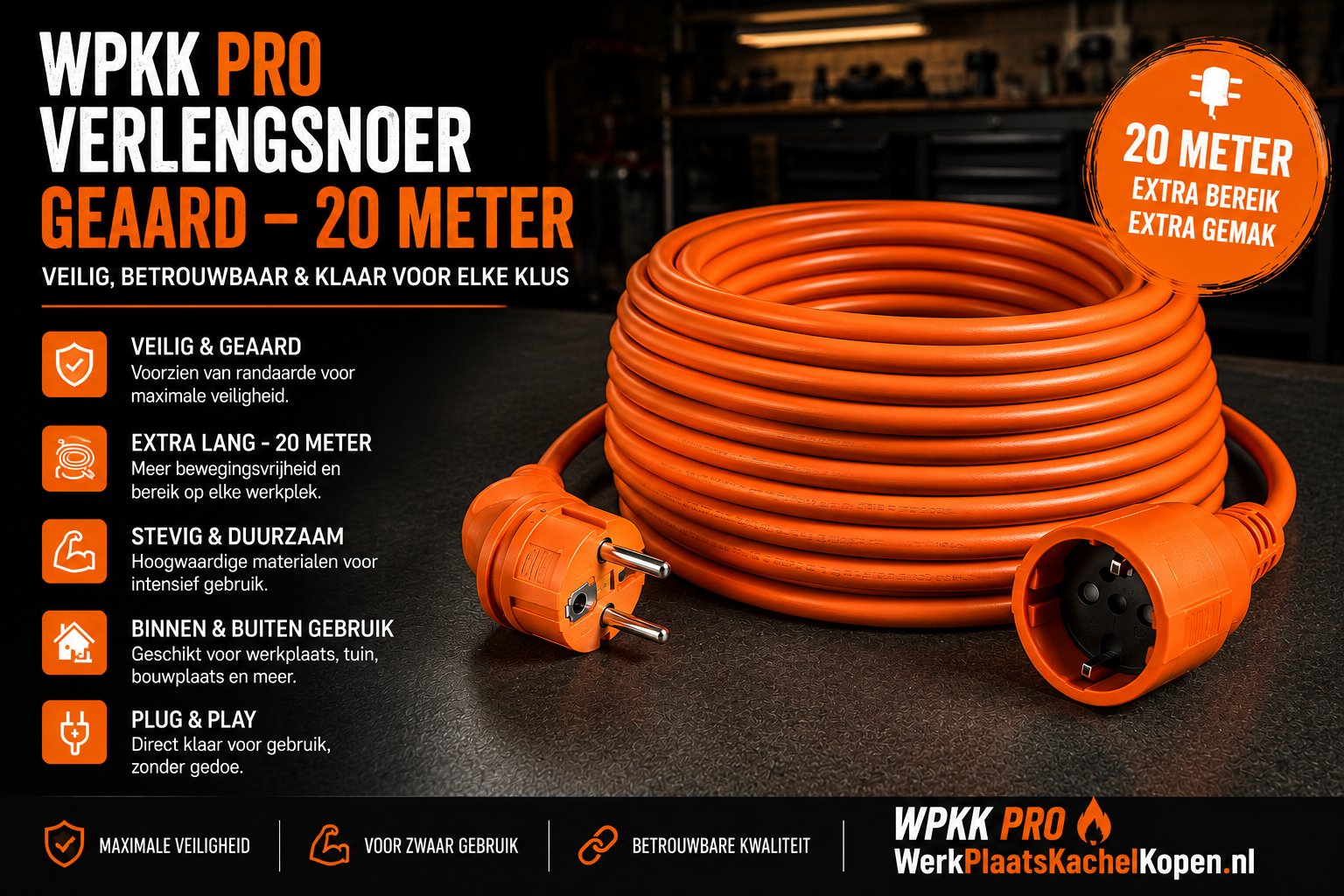 WPKK PRO 20M Geaard Verlengsnoer