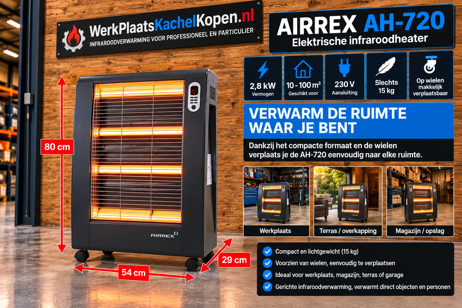 Airrex AH-720 elektrische infraroodheater compact en verrijdbaar 54 x 29 x 80 cm