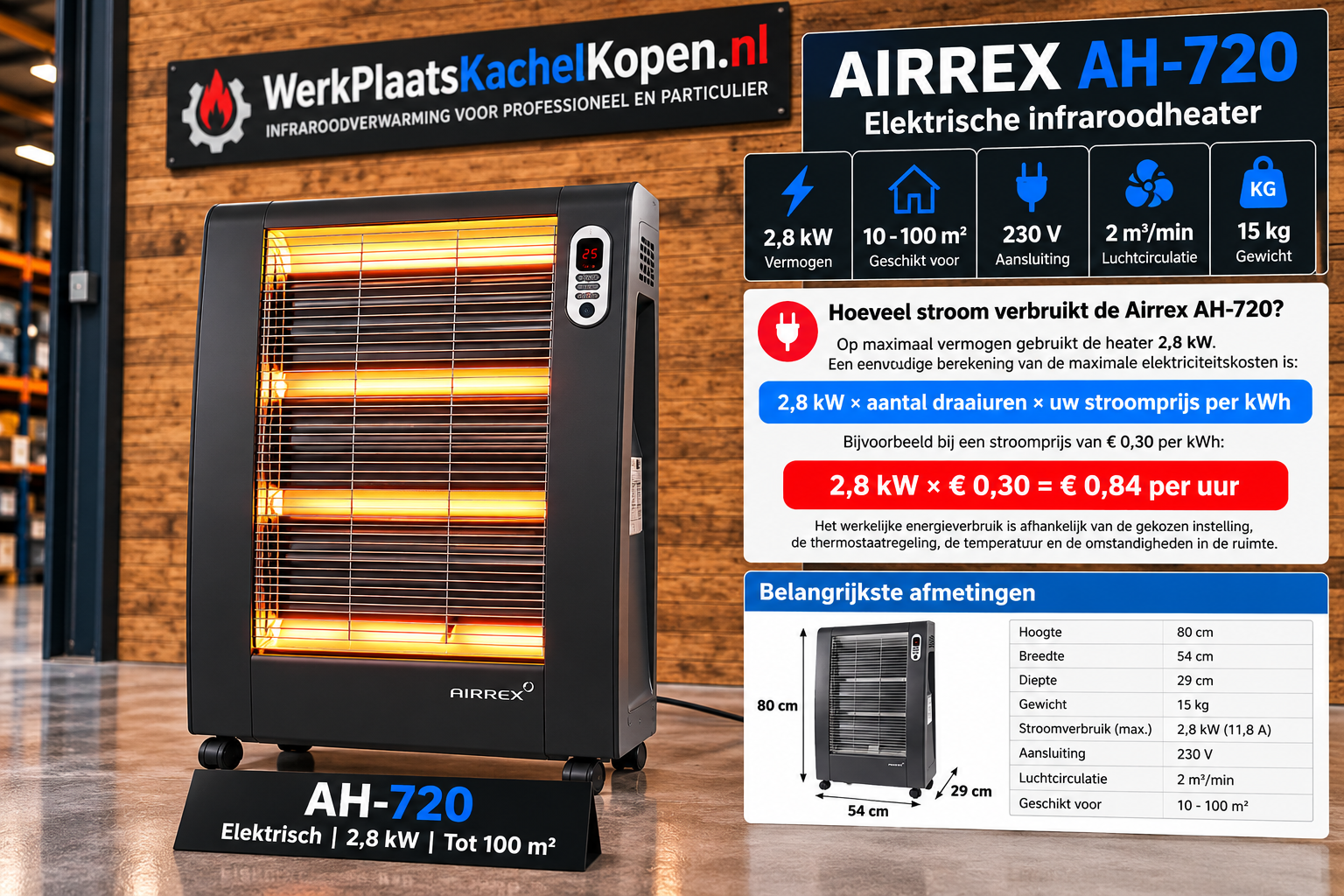 Airrex AH-720 elektrische infraroodheater 2,8 kW stroomverbruik en elektriciteitskosten