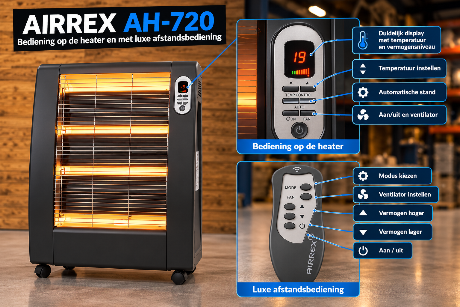 Airrex AH-720 elektrische infraroodheater bediening en luxe afstandsbediening