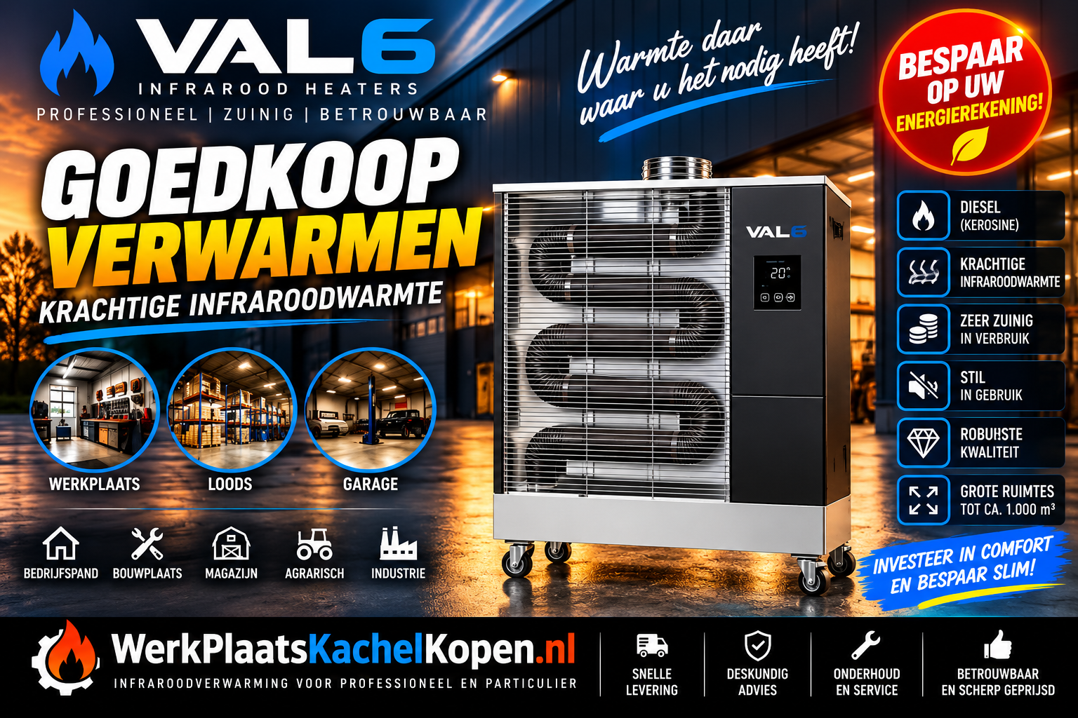 VAL6 FIR2000 dieselheater voor goedkoop verwarmen van grote ruimtes