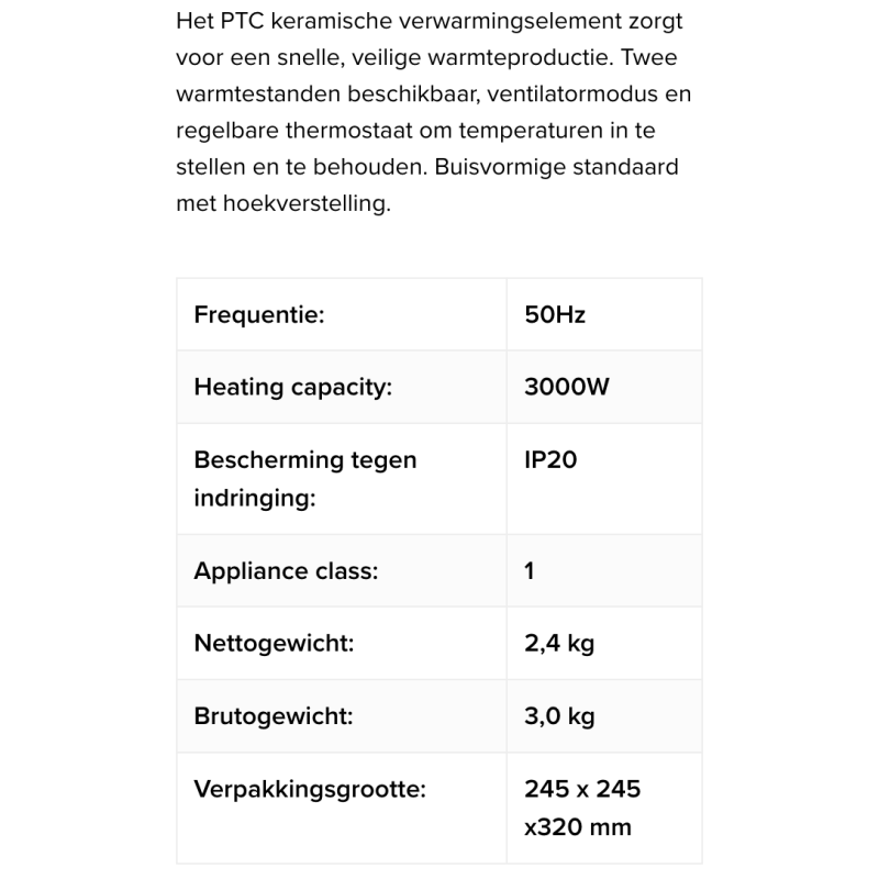 Airrex efficiënte compacte elektrische ventilatorkachel de HEAT 3000