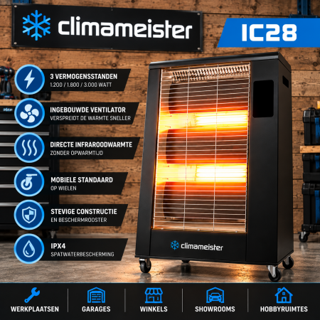 Climameister IC28 elektrische infraroodheater 1,2/1,8/3,0 kW met ventilator en wielen