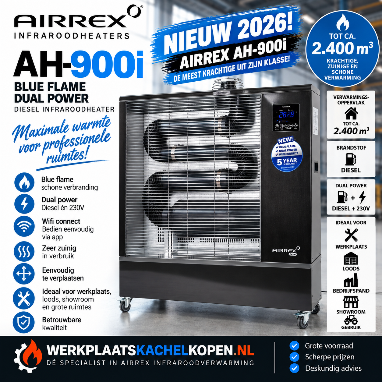 Airrex AH-900i diesel-infraroodheater voor ruimtes tot 2500m3 19/24 Kw