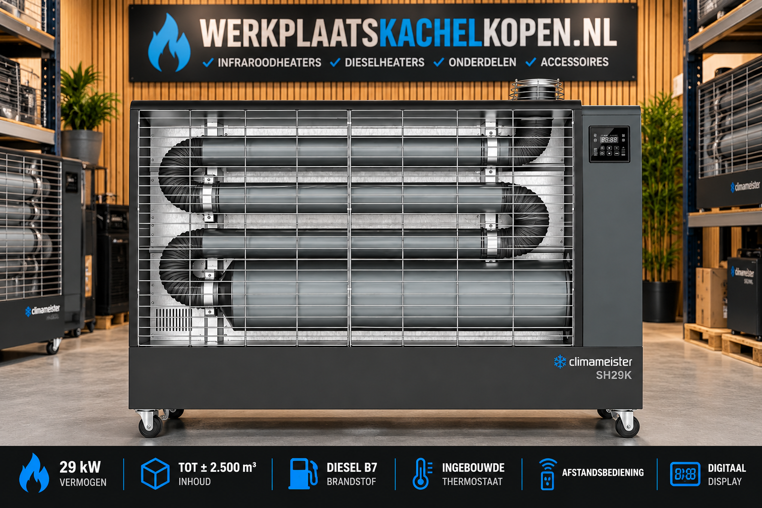 Climameister SH29K diesel infraroodheater 29 kW voor werkplaats en bedrijfshal