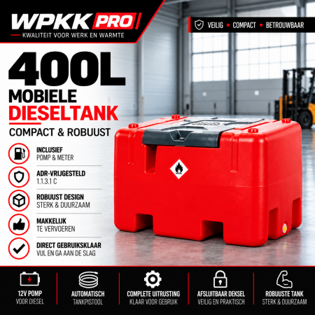 WPKK PRO 400L dieseltank – rode mobiele dieseltank met afsluitbaar zwart deksel