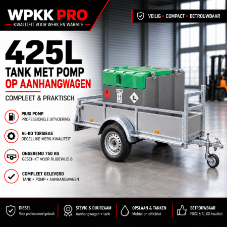 dieseltank op aanhanger 425 liter met PIUSI pomp en ongeremde AL-KO aanhangwagen